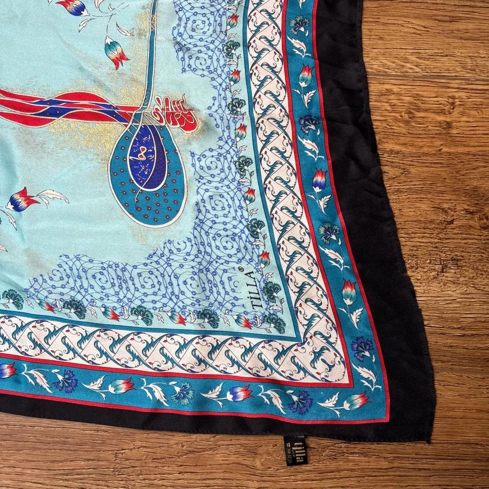 VTG Tilla 100% Silk floral Scarf shawl blue red made in Turkey 58x20 boho luxury